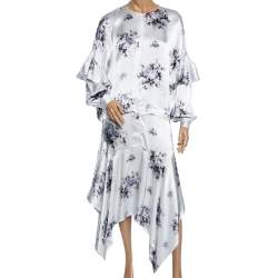 Ganni White Floral Printed Satin Cameron Blouse & Handkerchief Hem Skirt Set M