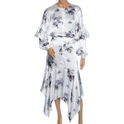 Ganni White Floral Printed Satin Cameron Blouse & Handkerchief Hem Skirt Set M