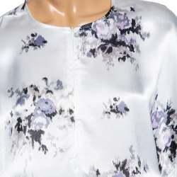 Ganni White Floral Printed Satin Cameron Blouse & Handkerchief Hem Skirt Set M
