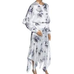 Ganni White Floral Printed Satin Cameron Blouse & Handkerchief Hem Skirt Set M