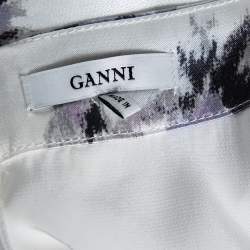 Ganni White Floral Printed Satin Cameron Blouse & Handkerchief Hem Skirt Set M