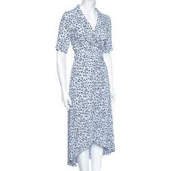 Pre Owned Ganni Blue Printed Crepe Wrap Dress S