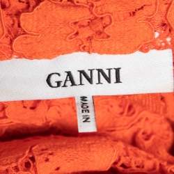 Ganni Orange Floral Lace Neck Tie Detail Tiered Sleeveless Top S