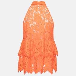 Ganni Orange Floral Lace Neck Tie Detail Tiered Sleeveless Top S