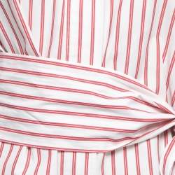 Pre Owned Ganni Red Striped Cotton Poplin Belted Shirt Dress S