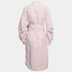 Pre Owned Ganni Red Striped Cotton Poplin Belted Shirt Dress S