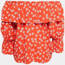 Pre Owned Ganni Orange Floral Printed Crepe Ruffled Top S