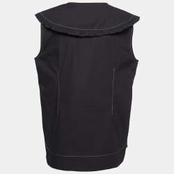 Pre Owned Ganni Black Cotton Ruffled Collar Sleeveless Top L