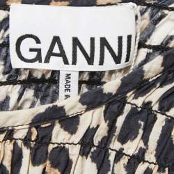 Pre Owned Ganni Brown Leopard Print Cotton & Silk Smocked Peplum Blouse S