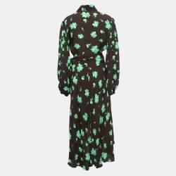 Pre Owned Ganni Brown Floral Print Crepe Long Sleeve Wrap On Midi Dress M