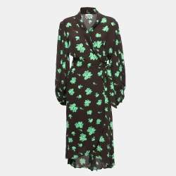 Pre Owned Ganni Brown Floral Print Crepe Long Sleeve Wrap On Midi Dress M