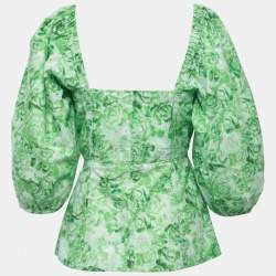 Pre Owned Ganni Green Floral Printed Cotton Blouse S