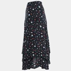 Ganni Black Print Silk Nolana Wrap On Midi Skirt L