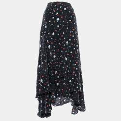 Ganni Black Print Silk Nolana Wrap On Midi Skirt L