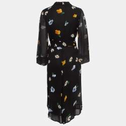 Pre Owned Ganni Black Floral Print Crepe Wrap Midi Dress XS