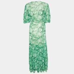 Pre Owned Ganni Green Floral Print Stretch Knit Wrap Midi Dress S