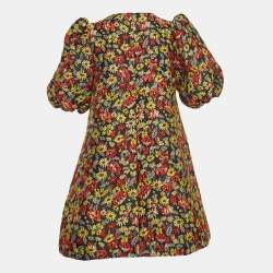 Ganni Multicolor Floral Jacquard Puff-Sleeve Mini Dress S