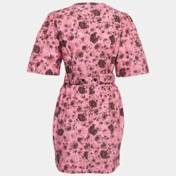 مملوكة مسبقًا Ganni Pink Floral Print Cotton Belted Wrap Mini Dress M