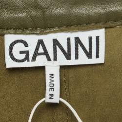 Pre Owned Ganni Military Green Leather Buttoned Mini Dress S