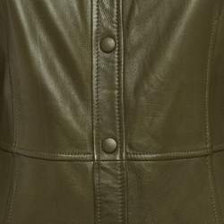 Pre Owned Ganni Military Green Leather Buttoned Mini Dress S