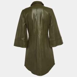 Pre Owned Ganni Military Green Leather Buttoned Mini Dress S