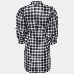 Pre Owned Ganni Black Checked Seersucker  Balloon Sleeve Mini Dress S