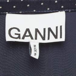 Ganni Navy Blue Polka Dot Print Satin Tie-Up Open Back Blouse S