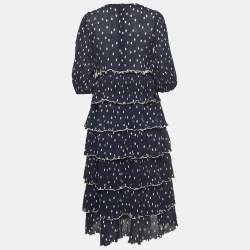 Pre Owned Ganni Navy Blue Polka Dot Pleated Crepe Tiered Midi Dress M