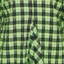 Ganni Neon Green/Black Checkered Cotton Puff Sleeve Dress XS