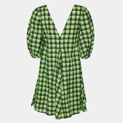 Ganni Neon Green/Black Checkered Cotton Puff Sleeve Dress XS