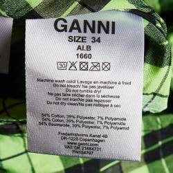 Ganni Neon Green/Black Checkered Cotton Puff Sleeve Dress XS