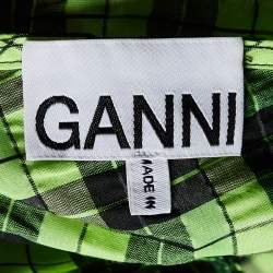 Ganni Neon Green/Black Checkered Cotton Puff Sleeve Dress XS