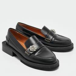 Pre Owned Ganni Black Leather Crystal Embellished Slip On Loafers Size 35