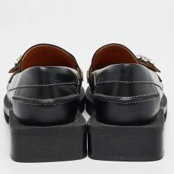 Pre Owned Ganni Black Leather Crystal Embellished Slip On Loafers Size 35