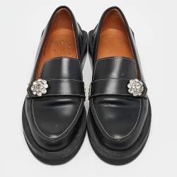 Pre Owned Ganni Black Leather Crystal Embellished Slip On Loafers Size 35