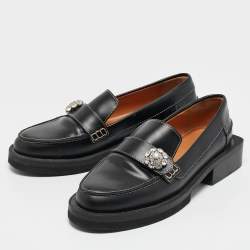 Pre Owned Ganni Black Leather Crystal Embellished Slip On Loafers Size 35