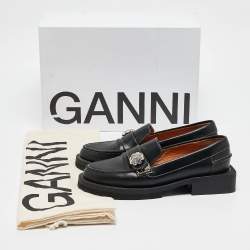 Pre Owned Ganni Black Leather Crystal Embellished Slip On Loafers Size 35