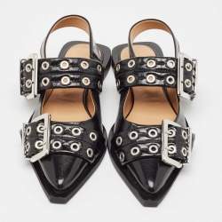 Pre Owned Ganni Black Leather Buckle Slingback Flats Size 37