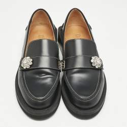 Ganni Black Leather Crystal Embellished Slip On Loafers Size 36