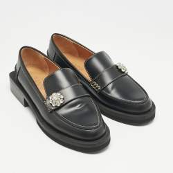 Ganni Black Leather Crystal Embellished Slip On Loafers Size 36