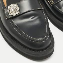 Ganni Black Leather Crystal Embellished Slip On Loafers Size 36