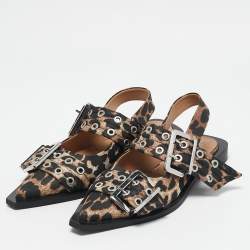 Ganni Multicolor Fabric Leopard Print Buckle Slingback Flats Size 37
