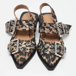 Ganni Multicolor Fabric Leopard Print Buckle Slingback Flats Size 37