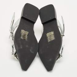 Pre Owned Ganni Silver Leather Buckle Slingback Flats Size 37