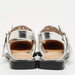 Pre Owned Ganni Silver Leather Buckle Slingback Flats Size 37