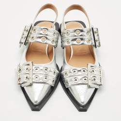 Pre Owned Ganni Silver Leather Buckle Slingback Flats Size 37