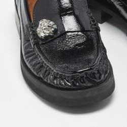 Pre Owned Ganni Black Patent Leather Crystal Embellished Slip On Loafers Size 37
