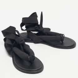 Pre Owned Ganni Black Nylon Puffy Thong Ankle Wrap Flats Size 39