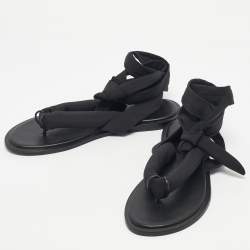 Pre Owned Ganni Black Nylon Puffy Thong Ankle Wrap Flats Size 39