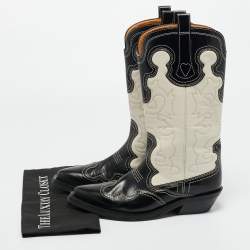 Pre Owned Ganni Black/Cream Leather Cowboy Boots Size 39